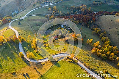 Idyllic aerial drone shot of autumn countryside hills Stock Photo