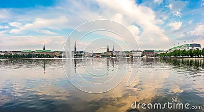 Idyllic Binnenalster in golden evening light at sunset, Hamburg, Germany Stock Photo