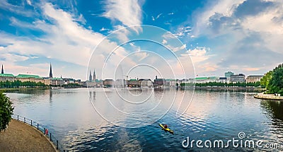 Idyllic Binnenalster in golden evening light at sunset, Hamburg, Germany Stock Photo