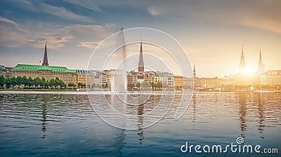 Idyllic Binnenalster in golden evening light at sunset, Hamburg, Germany Stock Photo