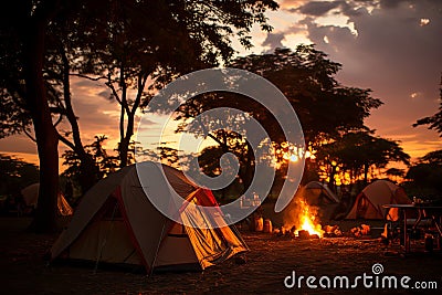 Idyllic camping in lush forest with crackling campfire and tent amidst towering trees Stock Photo