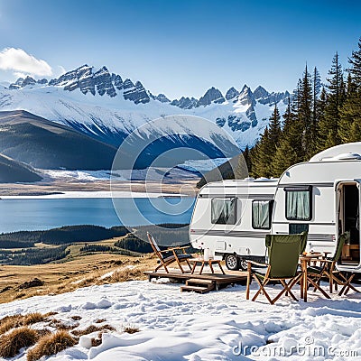 An idyllic caravan setup with chairs facing a stunning view of snow-capped mountains, great for outdoorsy holidaymakers and Stock Photo