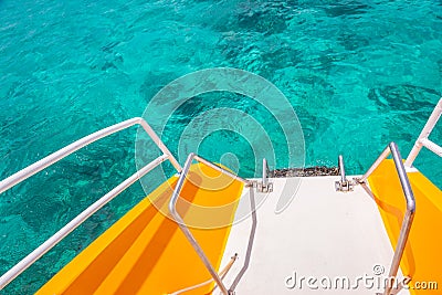 Idyllic caribbean beach with boat deck, Punta Cana, Dominican Republic Stock Photo