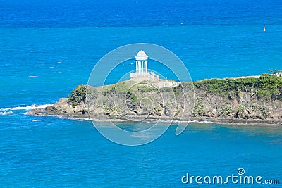 Idyllic Caribbean scene with gazebo and turquoise waters of the Caribbean in amber cove Stock Photo