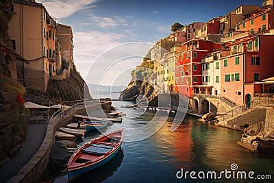 Idyllic coastal Mediterranean village tranquil seascape. Fishing boats in a narrow bay surrounded by colorful houses at dawn Stock Photo