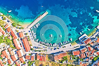 Idyllic coastal village of Racisce on Korcula island aerial view Stock Photo