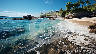 Idyllic coastline with transparent waters, rocky cliffs, and green mountains generated by AI Stock Photo