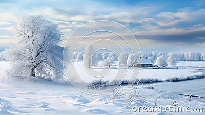 Idyllic countryside covered in a blanket of fresh snow Stock Photo