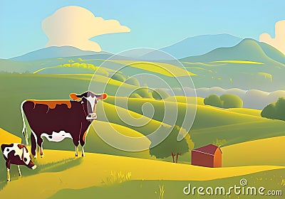 Idyllic Countryside Illustration with Grazing Cows and Blue Sky with White Clouds Stock Photo
