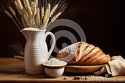 Idyllic Countryside Still Life - Clay Pitcher, Milk, Bread, and More Stock Photo