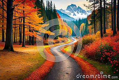 An idyllic forest trail winding through an autumn wonderland, with trees ablaze in red, orange, and yellow, creating a stunning Stock Photo