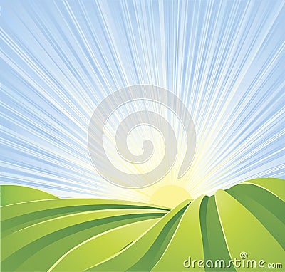 Idyllic green fields with sun rays blue sky Vector Illustration