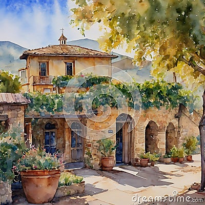 Napa California Winery Watercolor Image Stock Photo