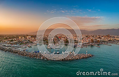 Idyllic landscape above Kalamata`s Marina at sunset. Aerial photo of Kalamata city, Messenia, Peloponnese, Greece Stock Photo