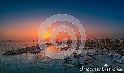 Idyllic landscape above Kalamata`s Marina at sunset. Aerial photo of Kalamata city, Messenia, Peloponnese, Greece Stock Photo