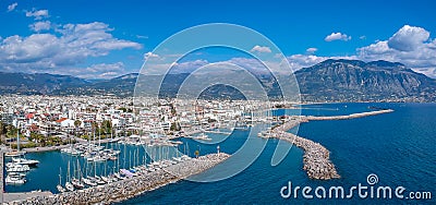 Idyllic landscape above Kalamata`s Marina at sunset. Aerial photo of Kalamata city, Messenia, Peloponnese, Greece Stock Photo