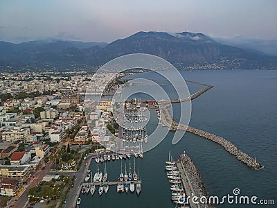 Idyllic landscape above Kalamata`s Marina at sunset. Aerial photo of Kalamata city, Messenia, Peloponnese, Greece Stock Photo