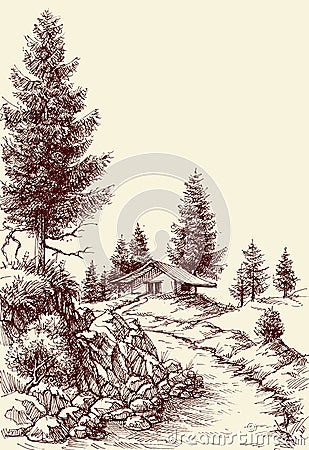 Idyllic landscape hand drawing Vector Illustration