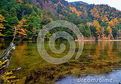 Myojin pond at Hotaka Rear Shrine in Kamikochi, Nagano, Japan. Stock Photo