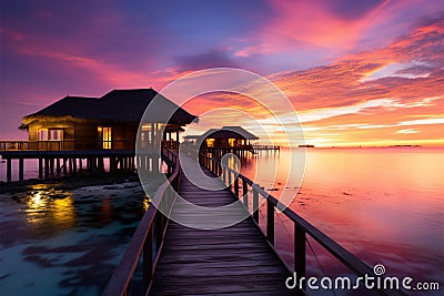 Idyllic Maldives sunset, overwater villas, sandy beach a travel daydream Stock Photo
