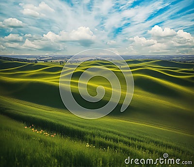 idyllic meadow vista panorama with green hills covered in grass and blue sky with cumulus clouds, desktop background Stock Photo