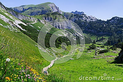 Idyllic mountain scene hiking in the mountains in a sunny day Austrian Alps, Rofan, Karwendel Stock Photo