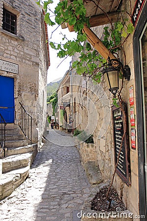 Idyllic narrow street in Les Baux-de-Provence, France Editorial Stock Photo