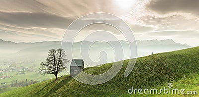 Idyllic and peaceful mountain landscape with a secluded wooden barn and lone tree on a grassy hillside and a great view of the Swi Stock Photo
