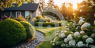 Idyllic Private Home with Backlit Sunset Lawn and Flowerbed Stock Photo