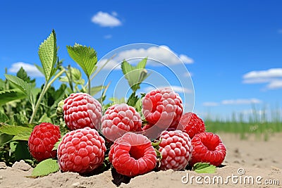 Idyllic raspberry field. ripe abundance under the warm sun, with clear blue skies and gentle breeze Stock Photo