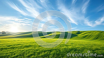 Idyllic rolling green hills under a vibrant sunrise with wispy clouds. Stock Photo