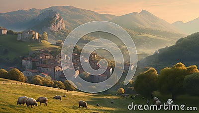 Idyllic rural scene meadow, farm, mountain, sunset, tree, autumn generated by AI Stock Photo