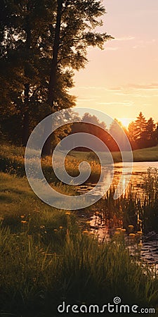 Idyllic Rural Sunrise: Grassy Landscape With Trees And Water Stock Photo