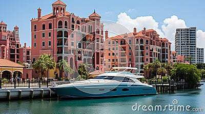 Idyllic scene of elegant sailboats and luxury yachts at sun drenched yacht club marina Stock Photo