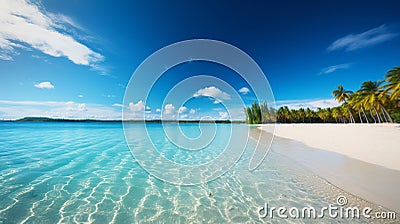 Idyllic Seascape. Gorgeous Beach with Azure Sky, Palm Trees, and Crystal Clear Waters Stock Photo