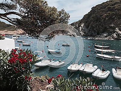 Idyllic Spanish Coastal Area with Boats and Blue Water Editorial Stock Photo