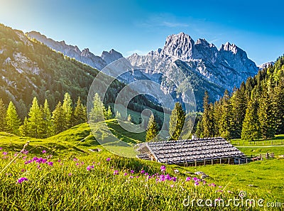 Idyllic spring landscape in the Alps with traditional mountain chalet Stock Photo