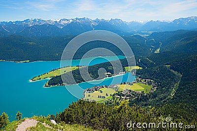 Idyllic spring landscape in the bavarian alps, view to lake Walchensee from mountain top Stock Photo