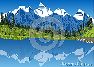 Idyllic summer landscape in the Alps with clear mountain lake Vector Illustration