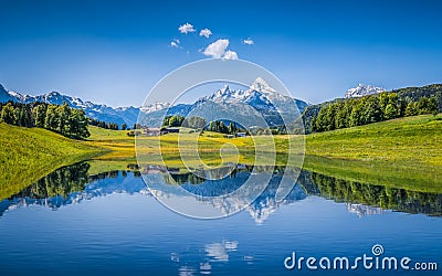 Idyllic summer landscape with clear mountain lake in the Alps Stock Photo