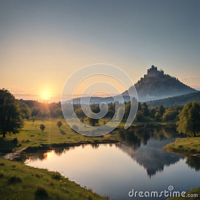 Idyllic sunny and hazy morning at the water. Chrastna pond, Czech: Chrastensky rybnik, and Jested mountain on Stock Photo