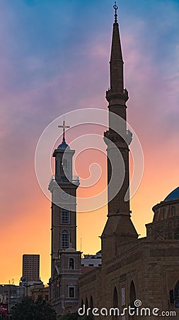 Idyllic sunset view of two historic buildings in the center of a quaint town Editorial Stock Photo