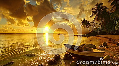 Idyllic tropical sunset boat serene beach. Paradise, tranquil idyllic nature. Travel vacation Stock Photo
