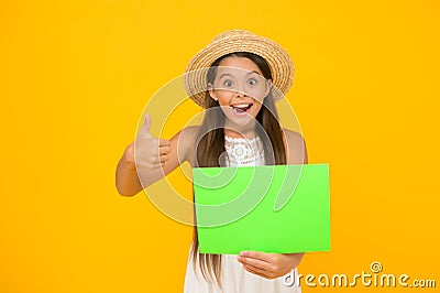 Idyllic vacation. small child on yellow background. summer camp activity. copy space. summer vacation and holiday. happy Stock Photo
