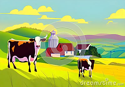 Idyllic and Vivid Countryside Illustration with Grazing Cows and Blue Sky Stock Photo