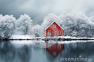 idyllic winter landscape small red wooden house on the lake in the forest with snow Stock Photo