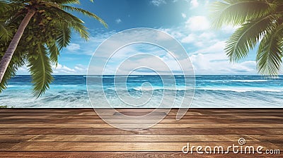 Idyllic wooden board surrounded by panoramic summer sea and palm tree. Stock Photo