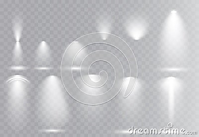 Vector light sources, concert lighting, stage beam spotlights set lens flash effect. Vector Illustration