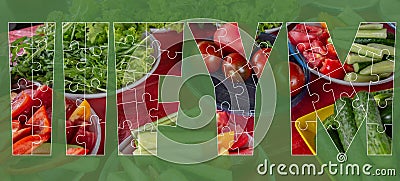 If it fits your macros concept. Letters IIFYM made from puzzle elements with healthy food on transparent background. Dieting and Stock Photo