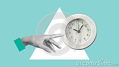 If not now when is shown using the photo of the hand pointing to the clock. Time to start concept Stock Photo